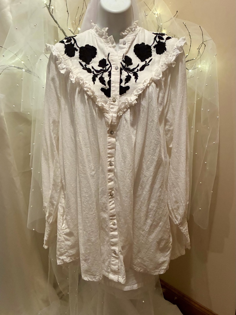 Free People White Button-Front Mini Dress with Black Floral Yoke